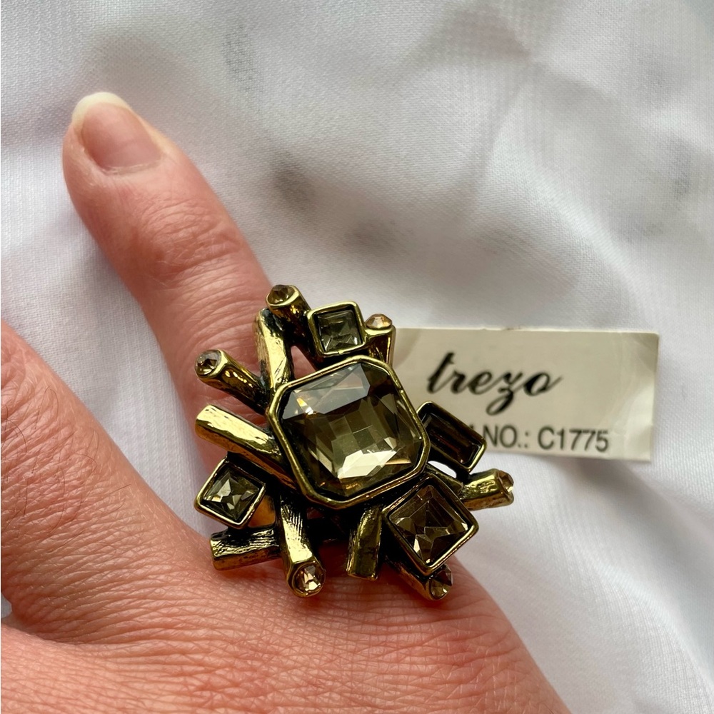 Geometric Gold tone Clear Rhinestone Statement Ring